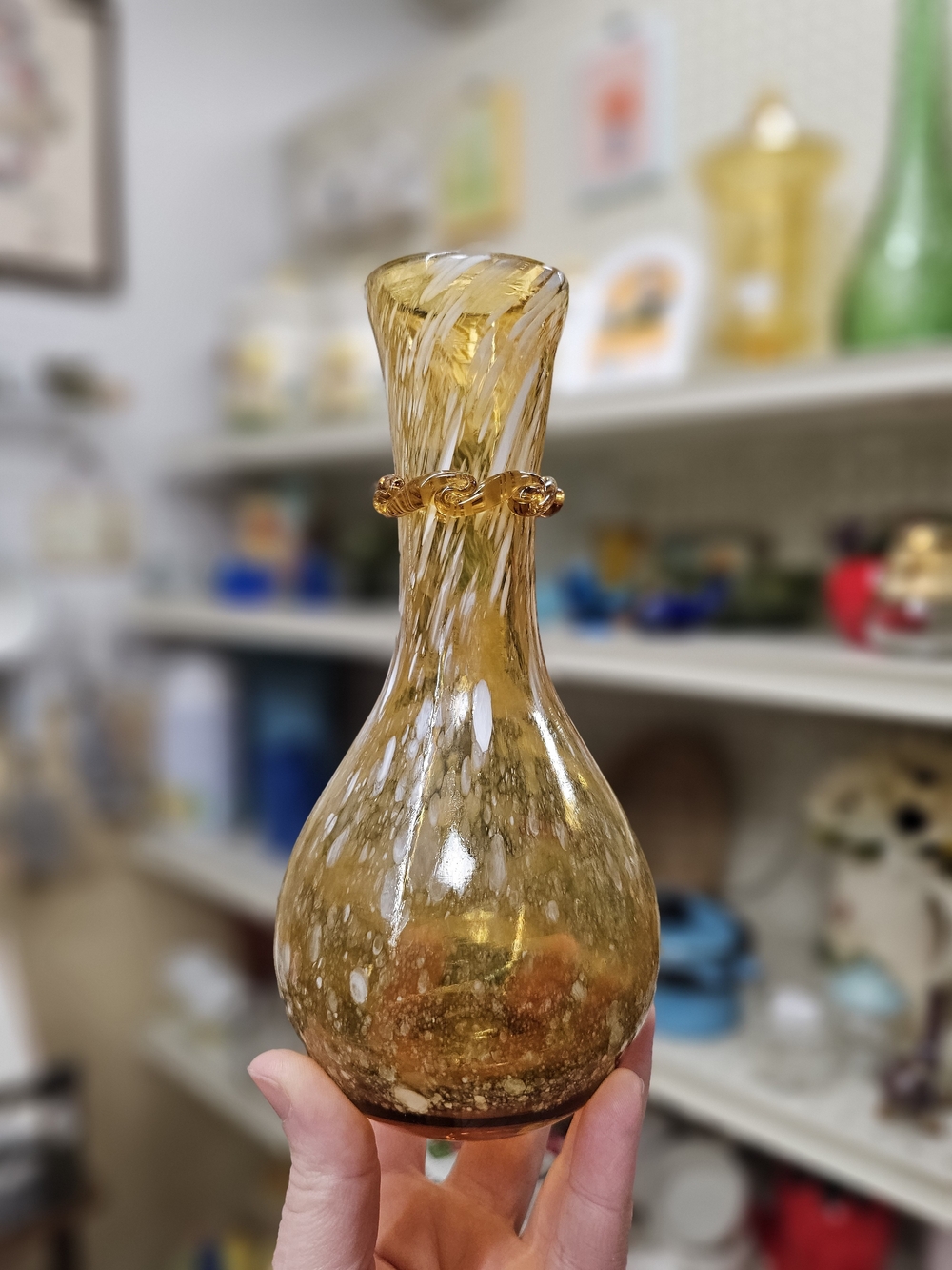 Vintage 70s Amber White Spatter Art Glass Bud Vase with Applied Rigaree